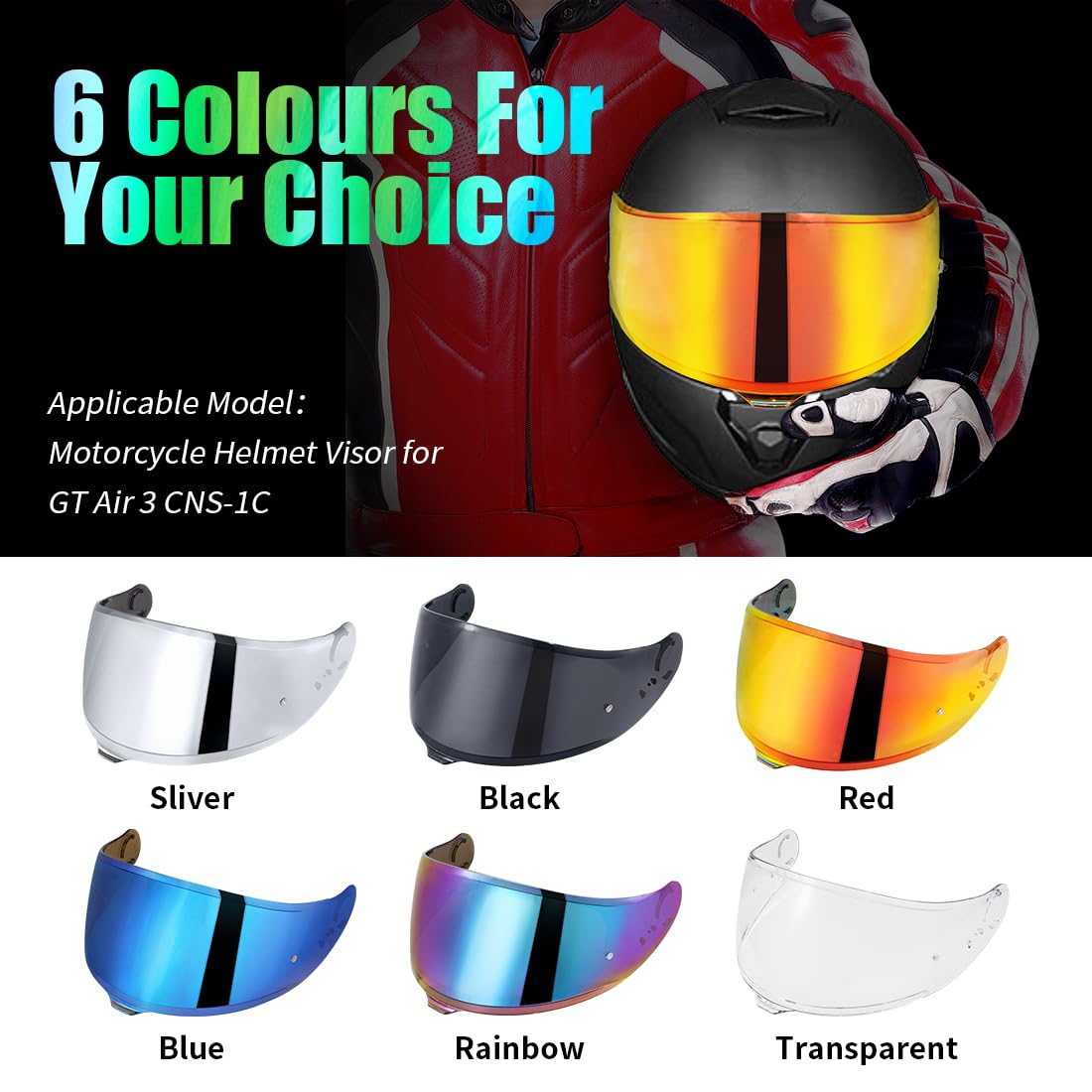 Visiera Casco Moto per GT Air 3 CNS-1C Visiera Casco Integrale Antivento Protezione UV Lente per Visiera per Casco Parti di Ricambio (Arcobaleno)