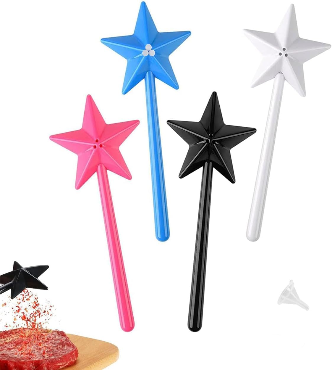 4 Piece Star Salt and Pepper Shaker, 3 Hole Magic Salt and Pepper Dispenser, Wand salt and pepper shakers, Fun Pentagram Salt Spreading Tool, Removable and Refillable Kitchen Accessories