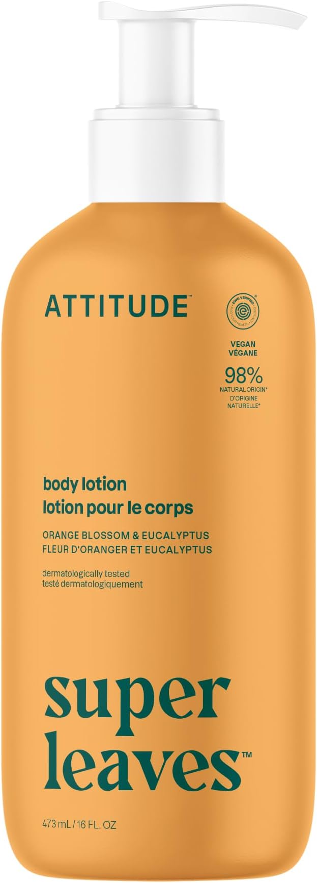 ATTITUDE Body Lotion, EWG Verified Moisturizer, Vegan Skin Care Products, Non-Greasy, Hydrating for Dry Skin, Orange Blossom & Eucalyptus Scent, 473 mL