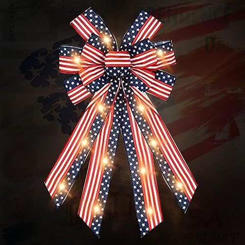 ABTOLS Arcos de corona patrióticos LED grandes para puerta delantera, lazos de rayas rojas azules y blancas para corona, lazos de bandera