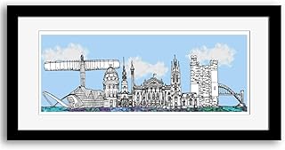 Newcastle skyline art print, Mounted, Framed, coloured background, 50cm x 23cm, Newcastle print