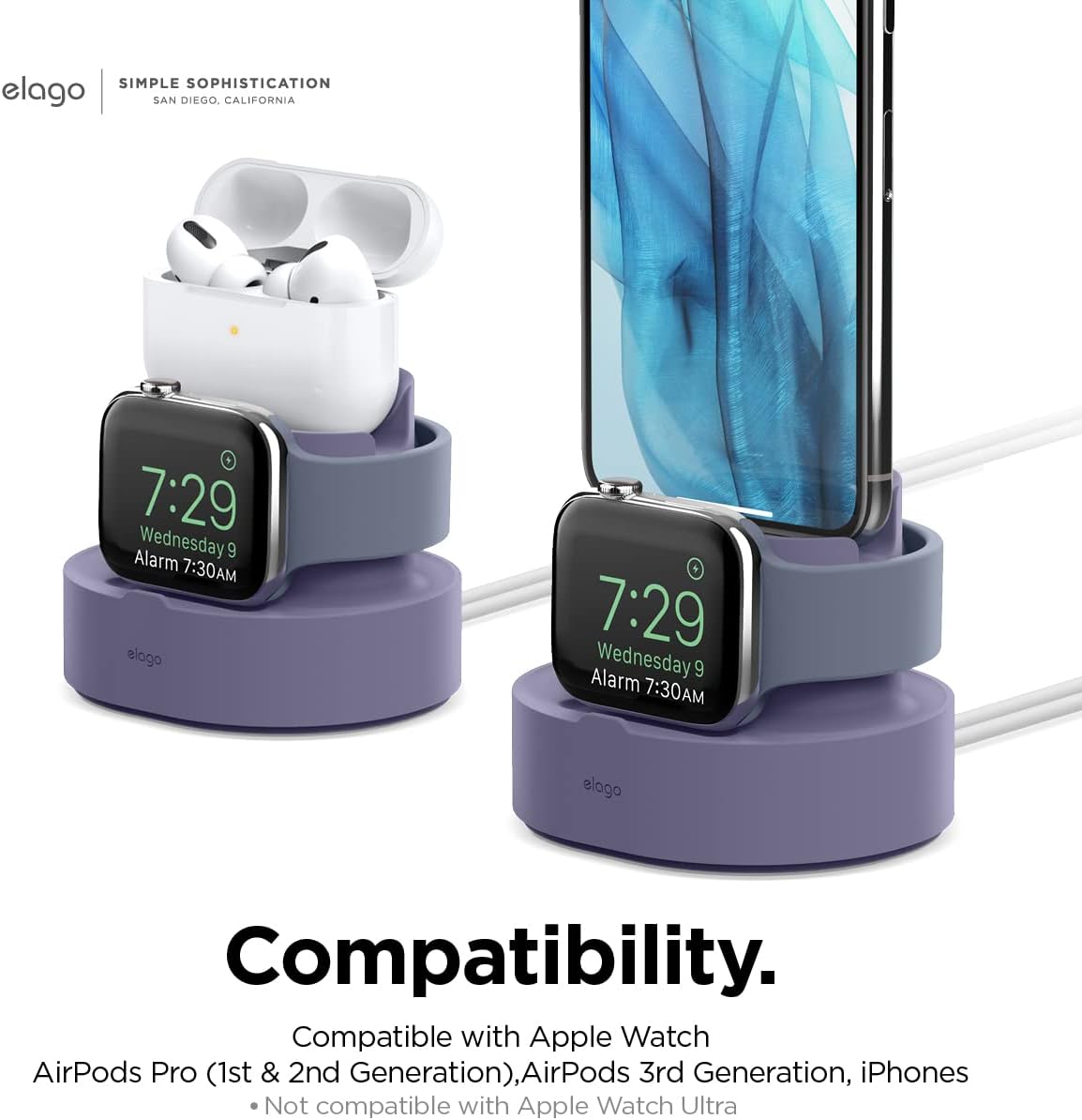 elago 2 in 1 Charging Station for Apple Products, Designed for AirPods 3rd Generation, AirPods Pro 1st & 2nd Generation, iPhone, Apple Watch [Original Cables Required-NOT Included] (Lavender Grey)