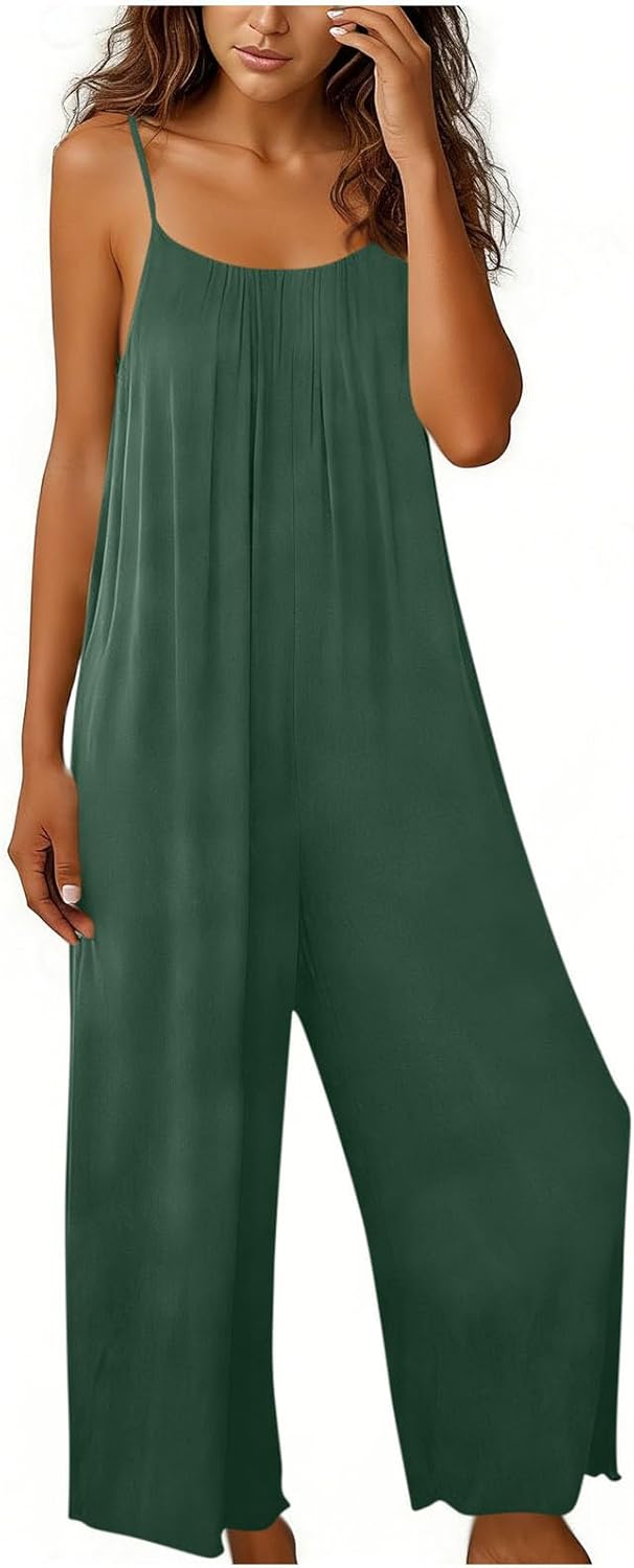 Cotton Linen Jumpsuits for Women Spaghetti Strap Overalls Backless Wide Leg Jumpsuit Casual Summer Rompers