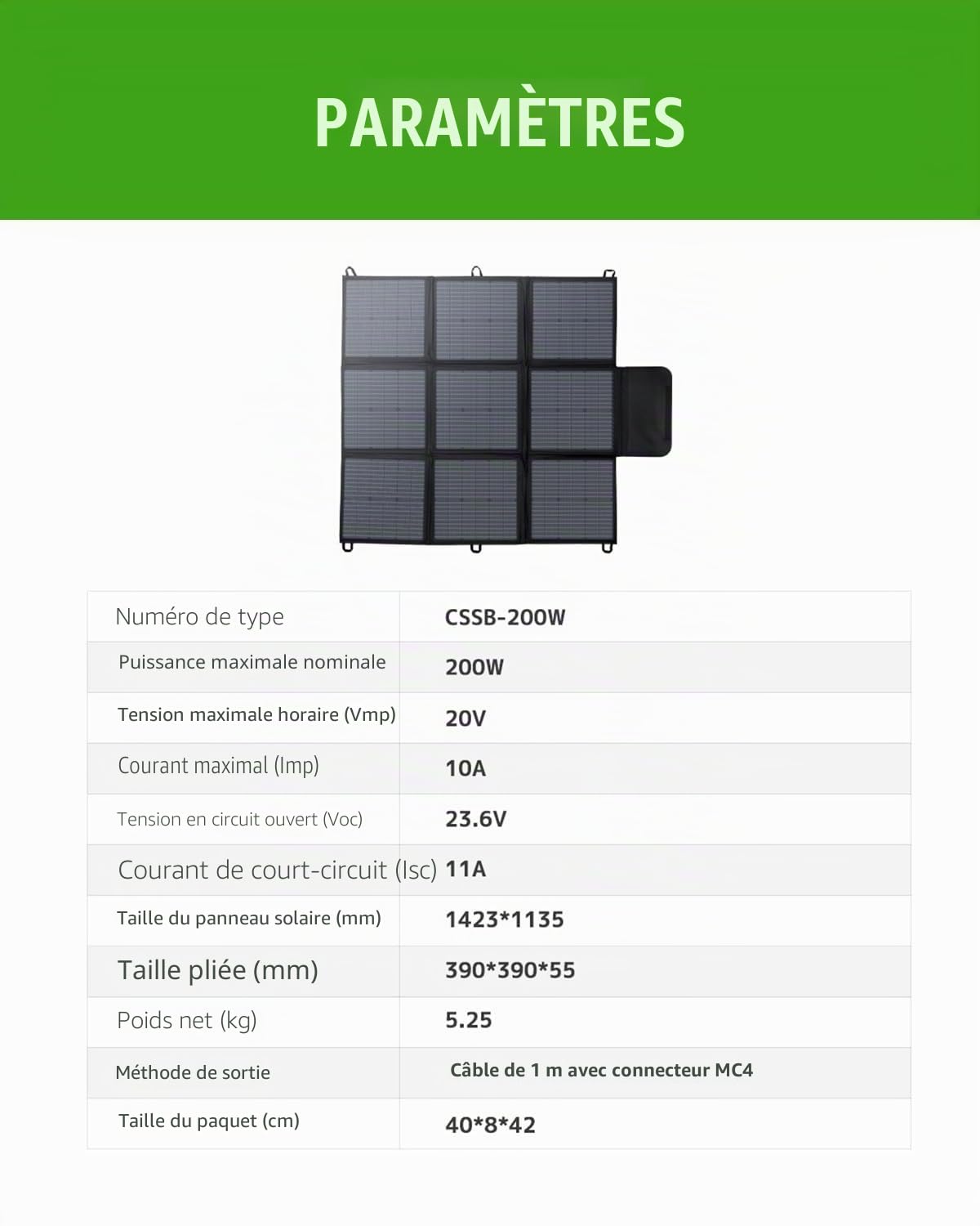 Panneau solaire pliable 200 W, câble de 3 m, efficacité de conversion de 22 %, étanche IP67, chargeur solaire portable pour camping, extérieur