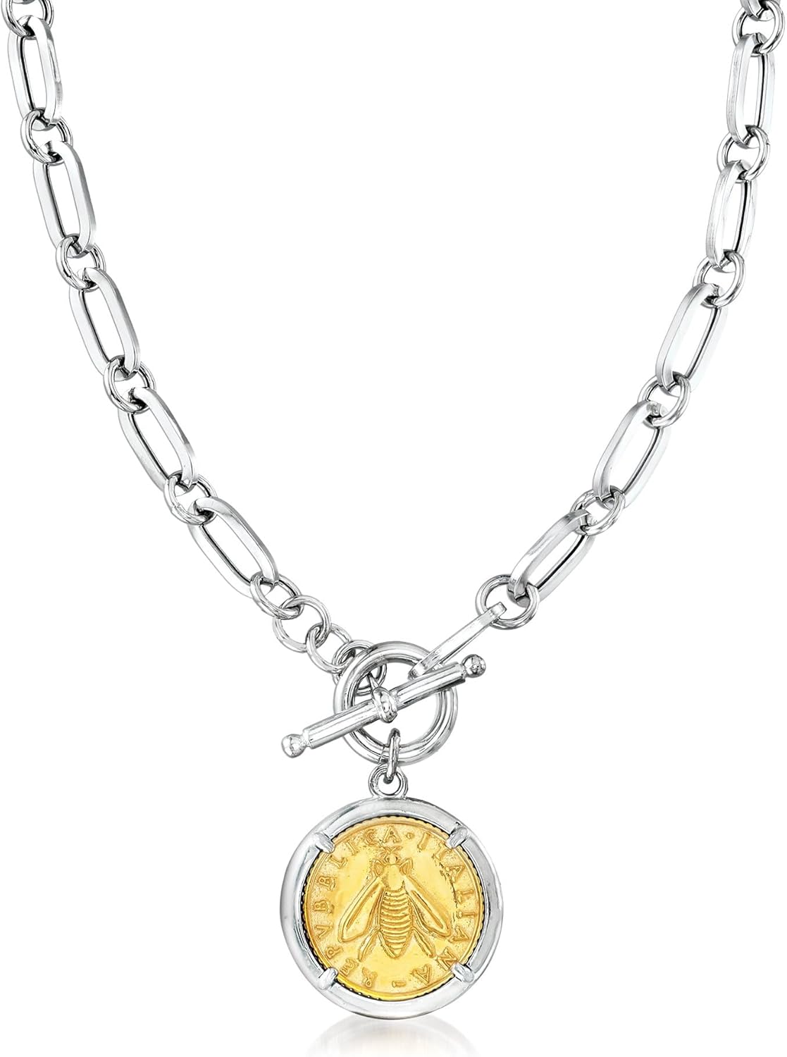 Ross-Simons Italian Sterling Silver and 18kt Gold Over Sterling Double-Sided Replica Lira Coin Paper Clip Link Toggle Necklace