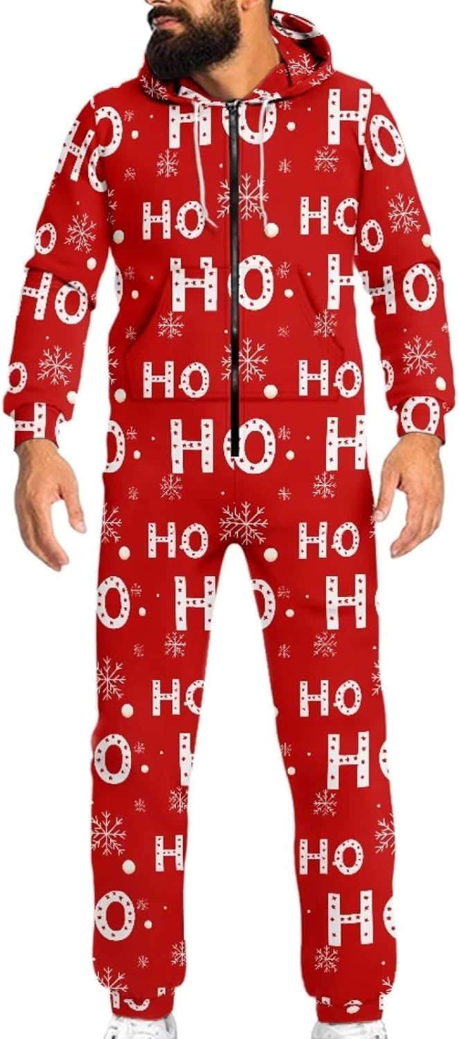 Yewattles Unisex Onesie Novelty Printed One-piece Pajamas Women Men Hooded Jumpsuits Adult Nightwear Romper Holiday Pjs