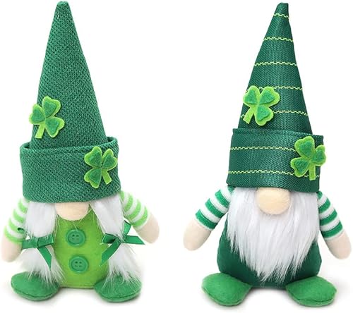 Vikodah Decoraciones de gnomos del día de San Patricio paquete de 2 gnomos de felpa verde de la suerte adornos de decoración de mesa para el hogar