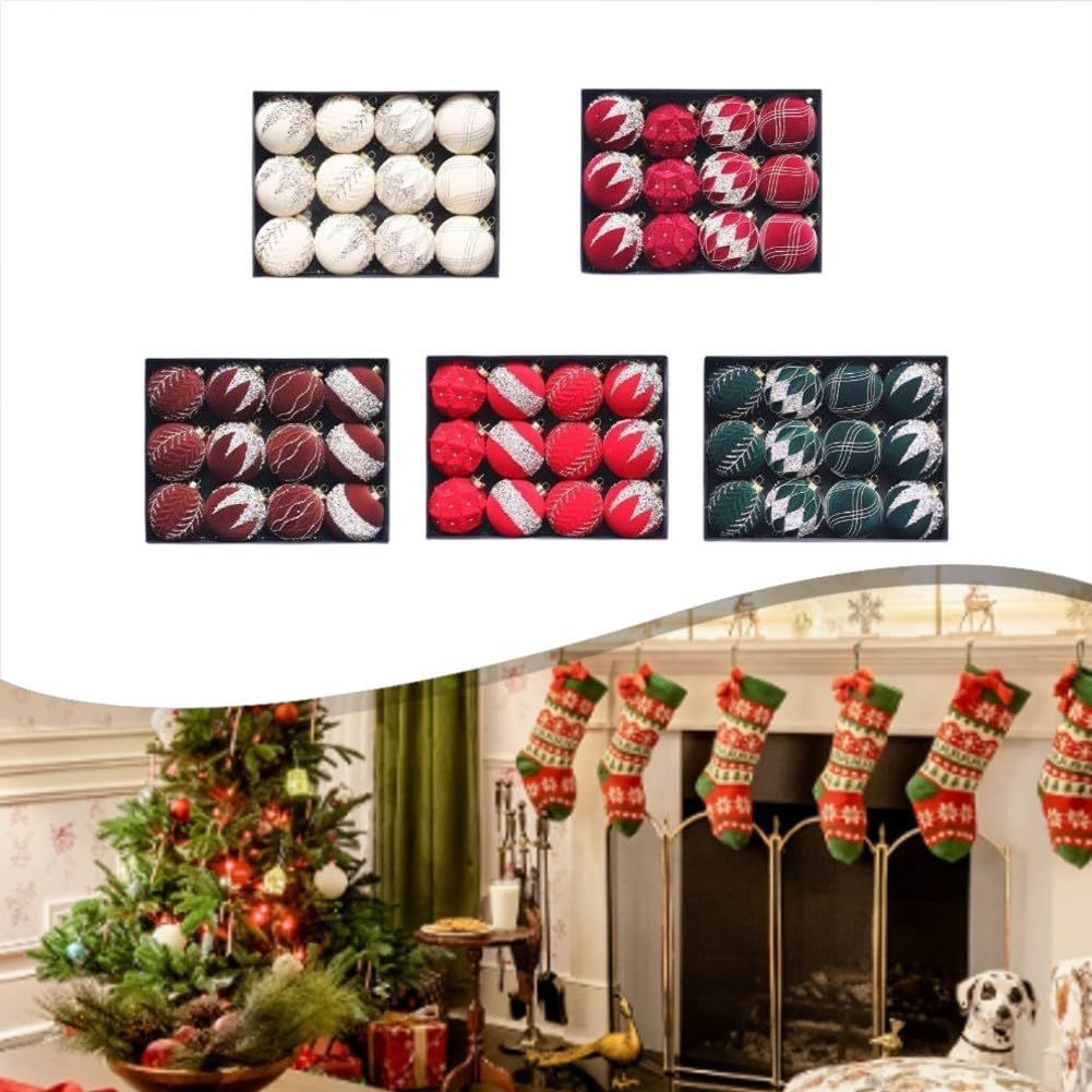 Juego de adornos de bolas de Navidad flocadas de 8 cm, 12 piezas de decoraciones de árbol con purpurina para decoración navideña y de temporada