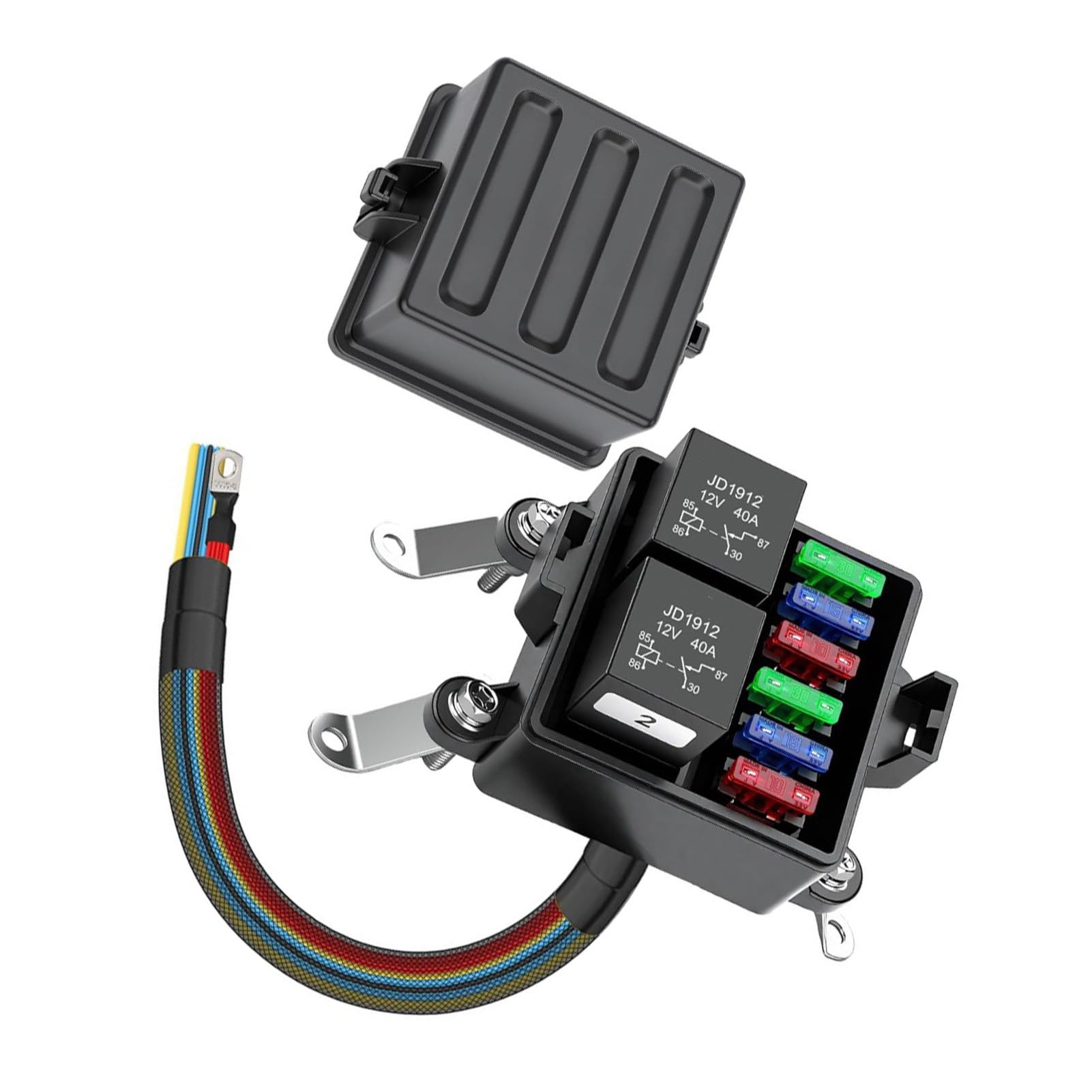 Caja de fusibles y relés de nailon resistente para automóviles, con cables codificados por colores y 6 ranuras para fusibles para una fácil instalación. Relé automotriz 6 ranuras / / 2 relés