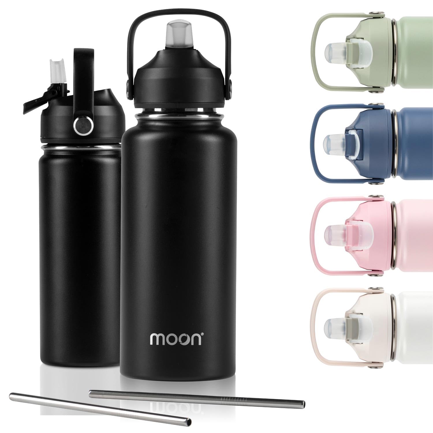 moon bottlesInsulated Water Bottle with Straw - Stainless Steel Sports Drink Bottle, Thermal Flask, 24hr Cold, 12hr Hot, Double Walled, Metal Straw, Silicon Spout, UK Company (1L, Black)ClimatePartner certified