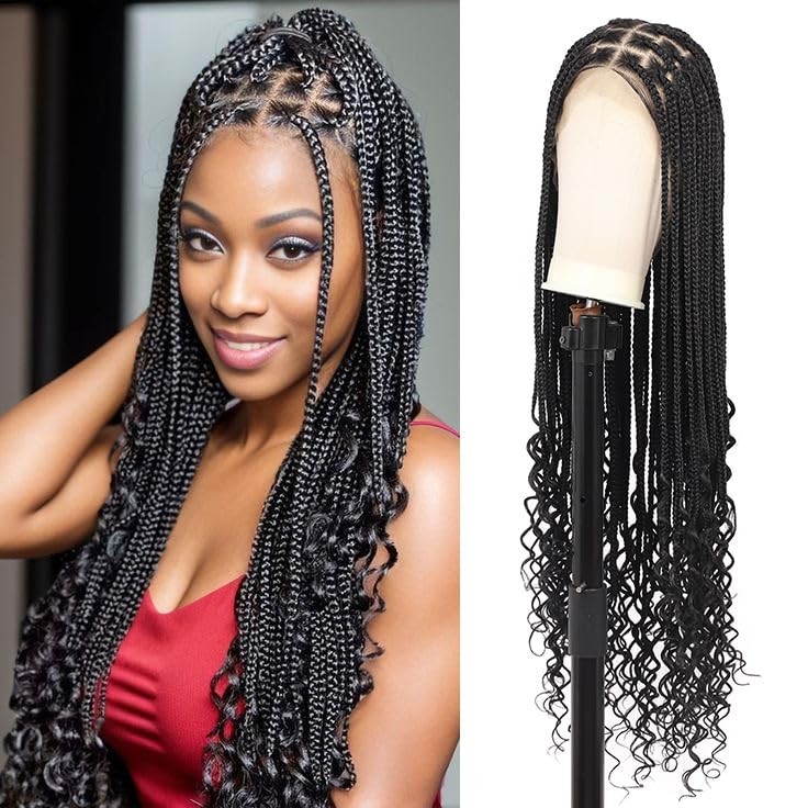 36 Inch 13X8 HD Lace Front Box Braided Wigs With Boho Curly Ends Knotless Braided Wig For Women Premium Synthetic Braids Lace Front Wig With Baby Hair Natural Black