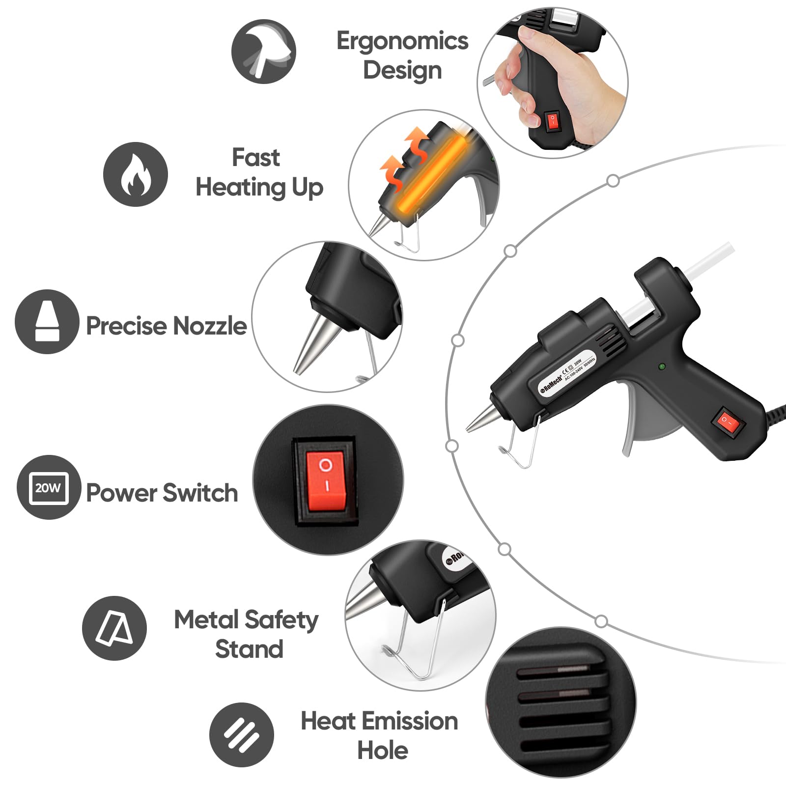 ROMECH Mini pistola per colla a caldo da 20 W con 30 bastoncini di colla, preriscaldamento rapido, kit per colla a caldo, resistente, per artigianato, fai da te, riparazioni (nero)