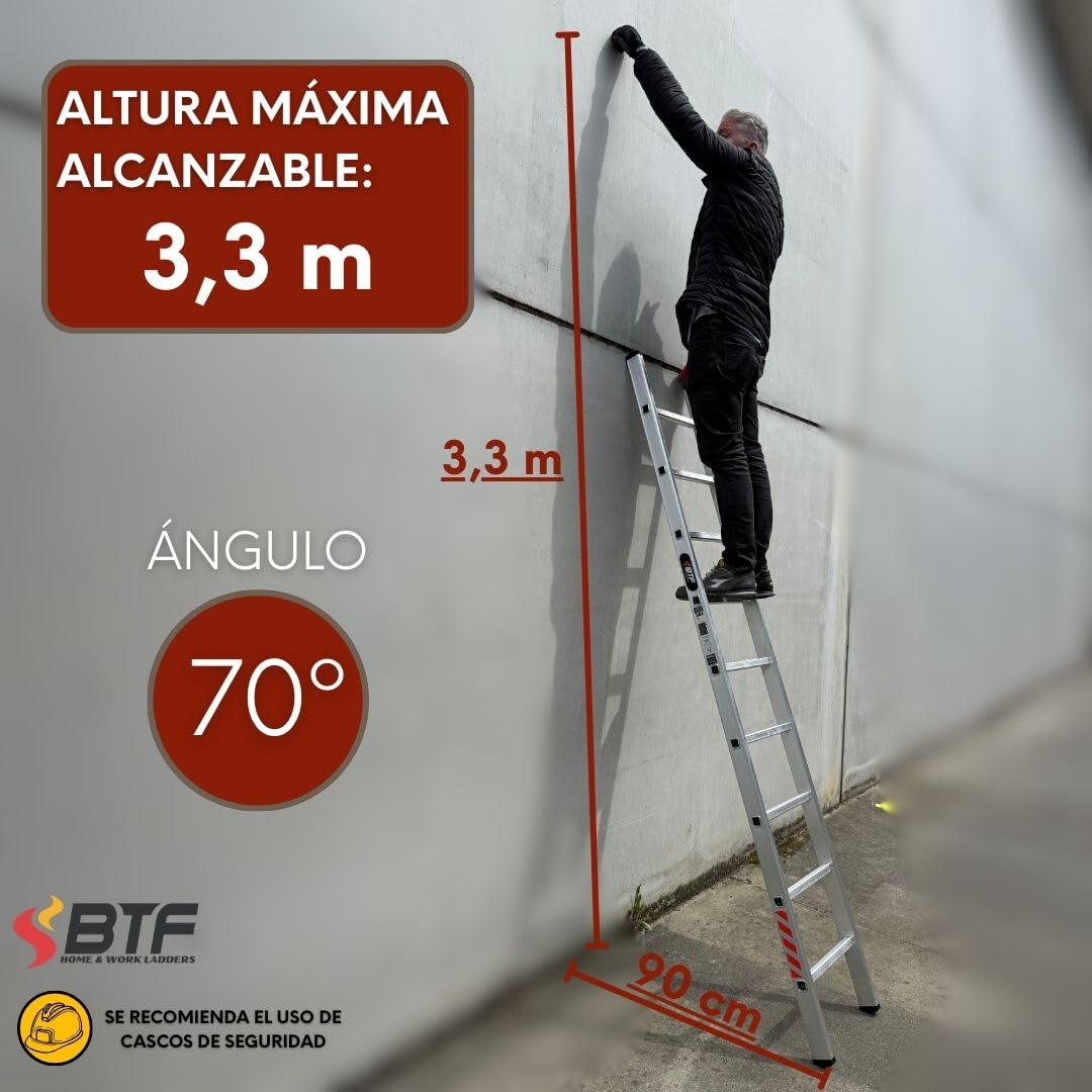 BTF Escalera de Apoyo en Aluminio - Escalera Simple 9 Peldaños, 2,5m, 1 Tramo, Ligera y Resistente, Certificada Carga Máx. 150 kg, Ideal para Obra y Hogar, Norma EN131.