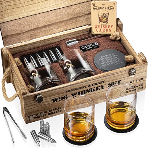 Mixology & Craft Whiskey Stones Set with Glasses & Steel Bullets Gift for Men