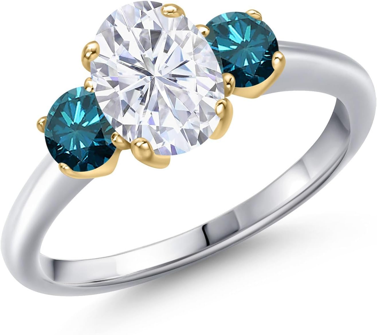 Gem Stone King 925 Silver and 10K Yellow Gold White Moissanite and Blue Diamond Engagement Ring For Women | 2.04 Cttw | Oval 8X6MM | Gemstone Birthstone