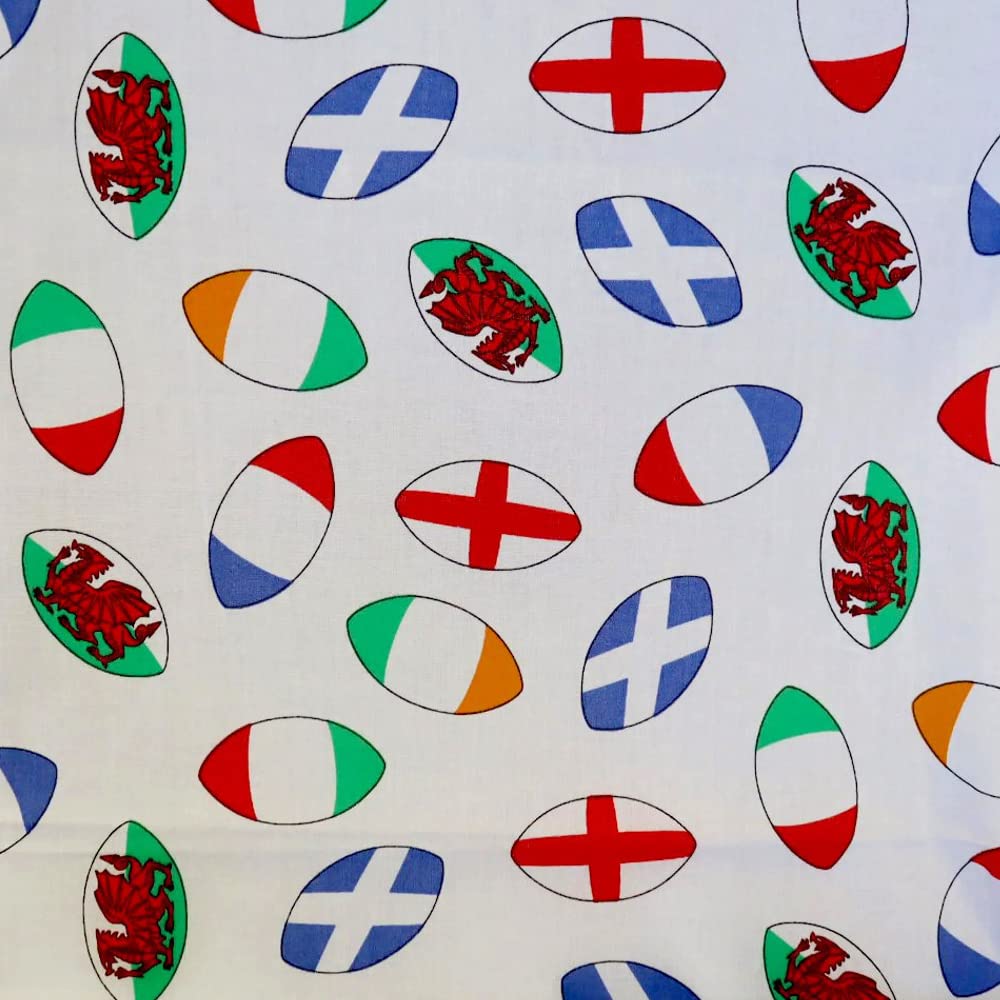 Polycotton Fabric Rugby Balls Six Nations Sold Per Metre (White)