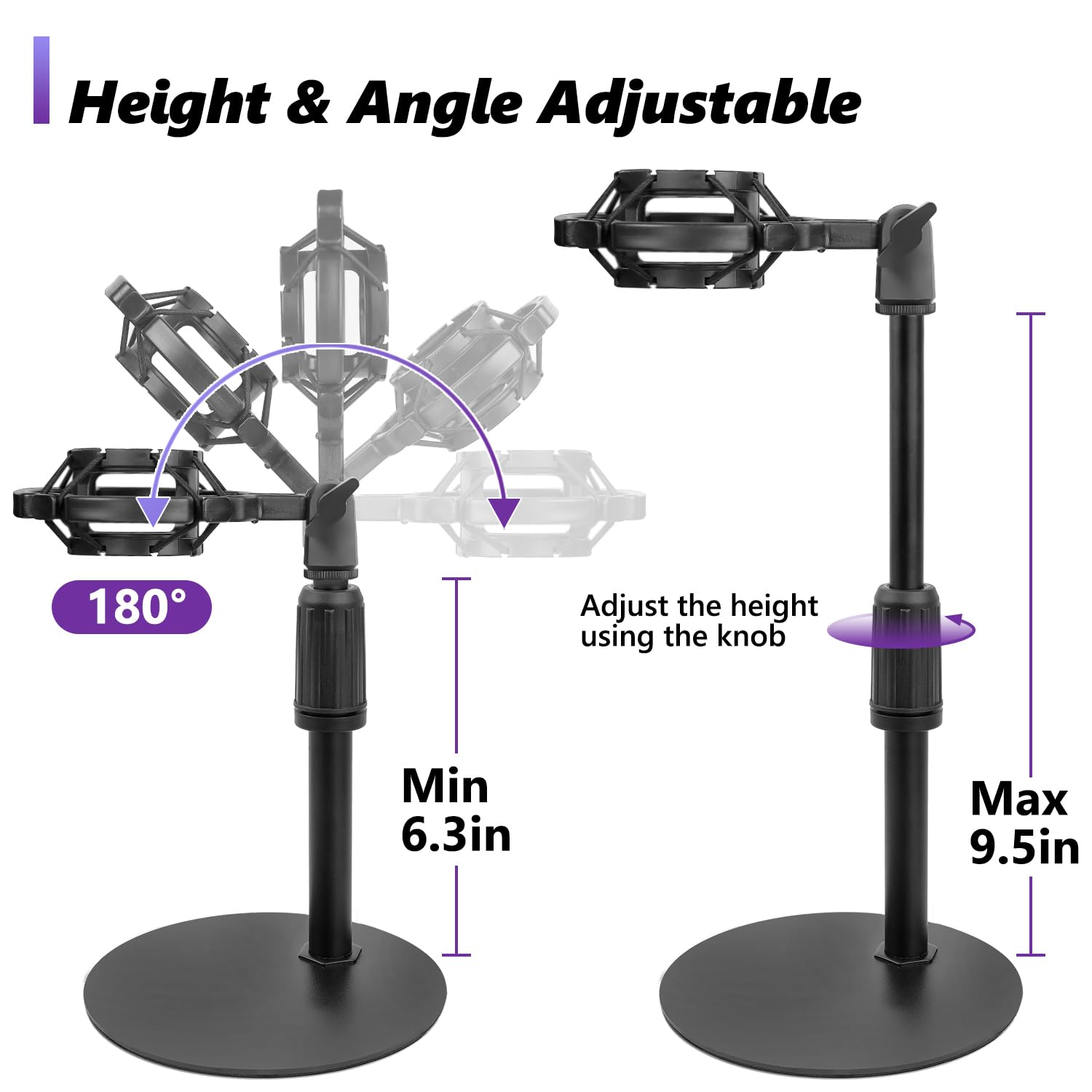 Support de microphone de bureau réglable avec pied en métal stable, support antichoc, coupe-vent, pince de microphone et adaptateur pour microphone AT2020, HyperX QuadCast, Blue Yeti, Shure