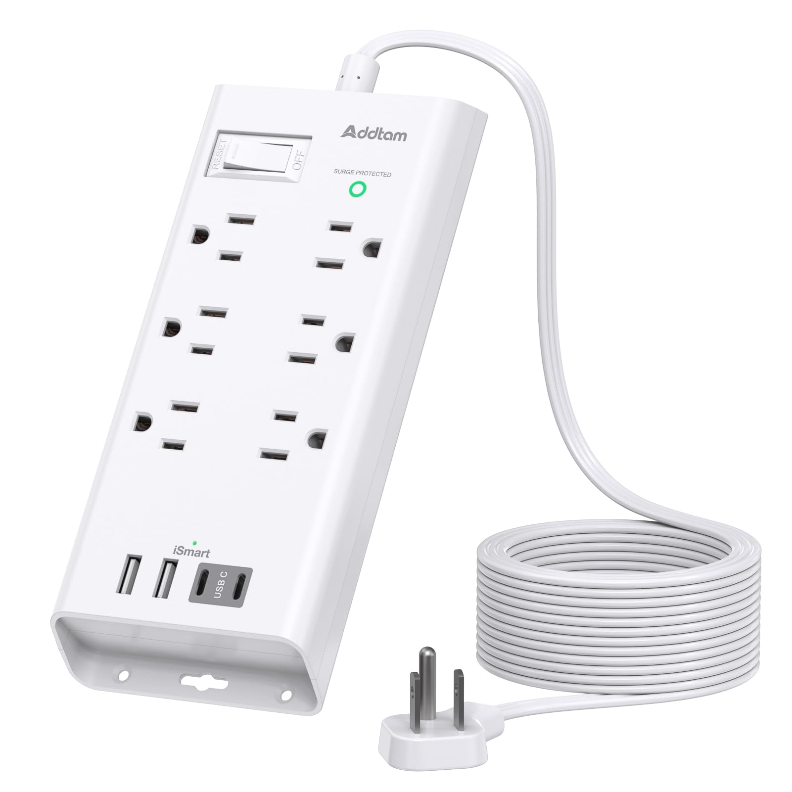 Power Strip Surge Protector - Addtam 10Ft Long Extension Cord with 6 Outlets and 4 USB Ports(2USB C), Flat Plug Overload Surge Protection Outlet Strip, Wall Mount for Home, Office and More