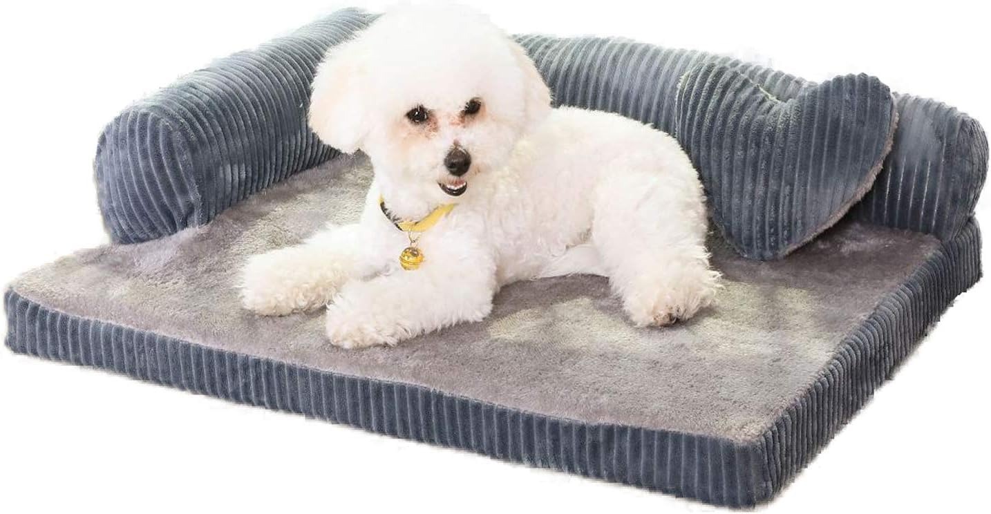Pbed Orthopedic Dog Bed for Small Dogs,Memory Foam Dog Couch Bed,Removable Bolsters & Washable Cover,Deluxe Plush L-Shaped Couch, Nonskid Bottom (Small, Grey)