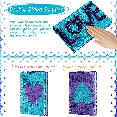 Image of Outus 4 Pcs Sequin Girls Journal Valentines Journal Gift with Color Gel Ink Pens Glitter Notebook Flip Writing Diary for Kids Girl Writing Drawing Travel Gifts(Blue Purple,Heart)