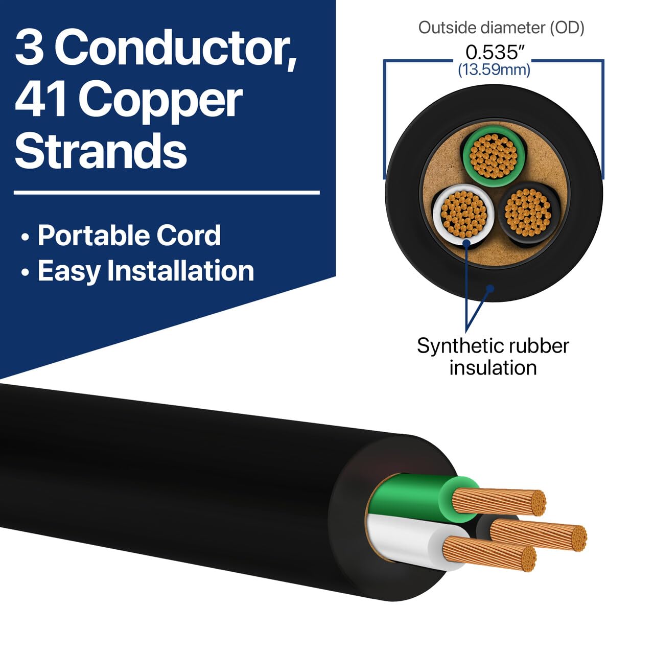 Cavo Portatile 250 Piedi 600v Cavo Di Alimentazione Portatile SOOW 12/3 Nero 250 Piedi - Flessibile, Resistente A Olio E Acqua 600V Cavo Per Attrezzi Portatili - Foto 7