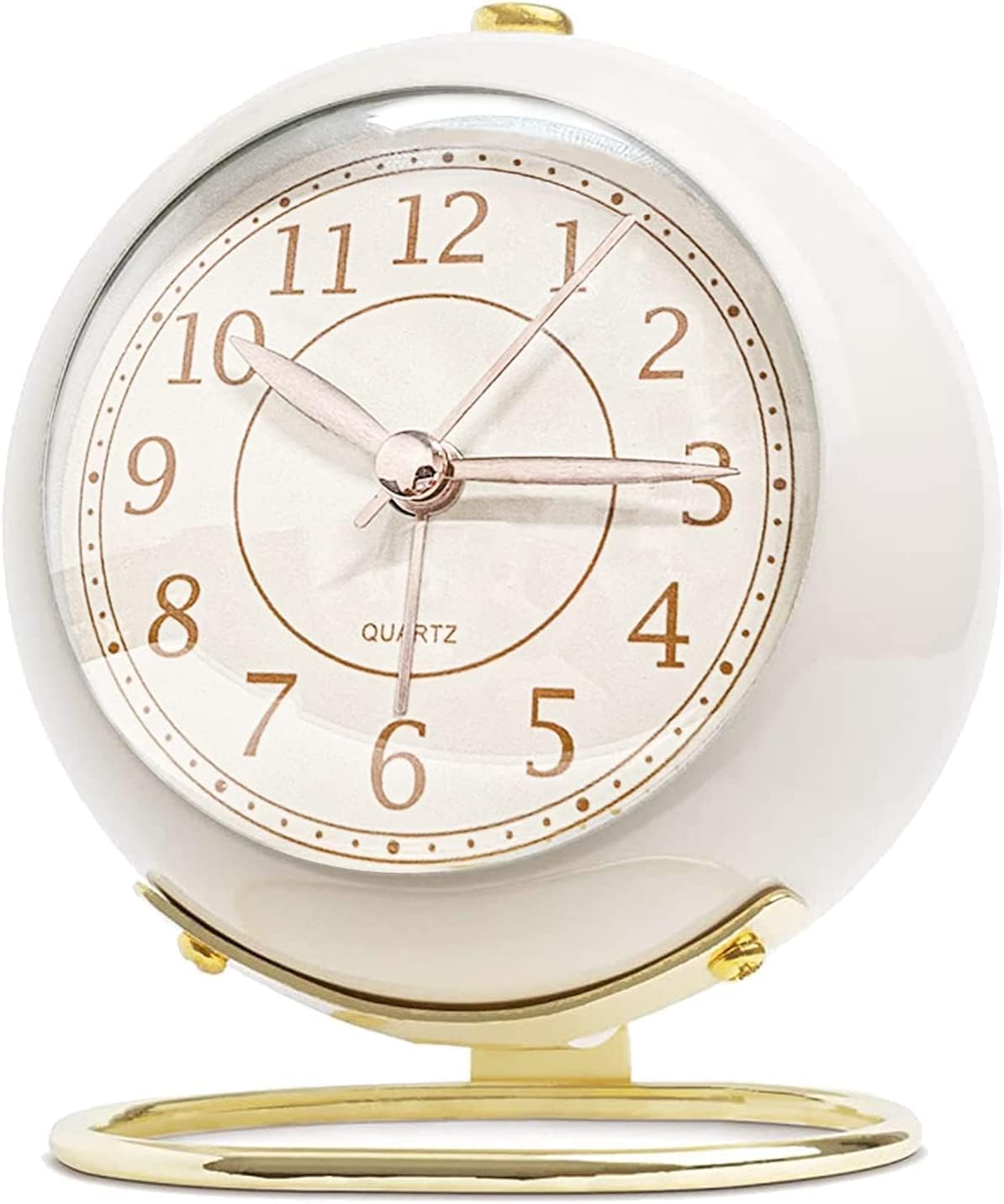 Vintage Analog Alarm Clock with Night Light, Silent Non-Ticking Quartz Movement, Battery Powered Round Desk Clock with Gold Metal Stand, HD Glass Dial for Bedroom, Office, Study Table Decor (Cream)-image-25