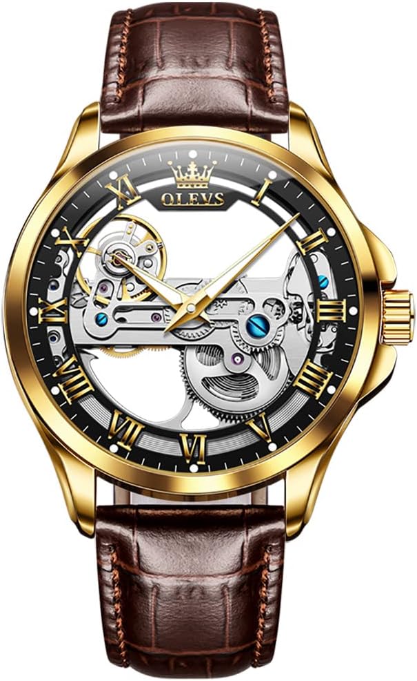 OLEVS Unique Skeleton Automatic Watches for Mens Black Brown Leather Strap Wrist Watches Fashion Luxury Dress Mechanical Male Watch Luminous Waterproof - Image 8