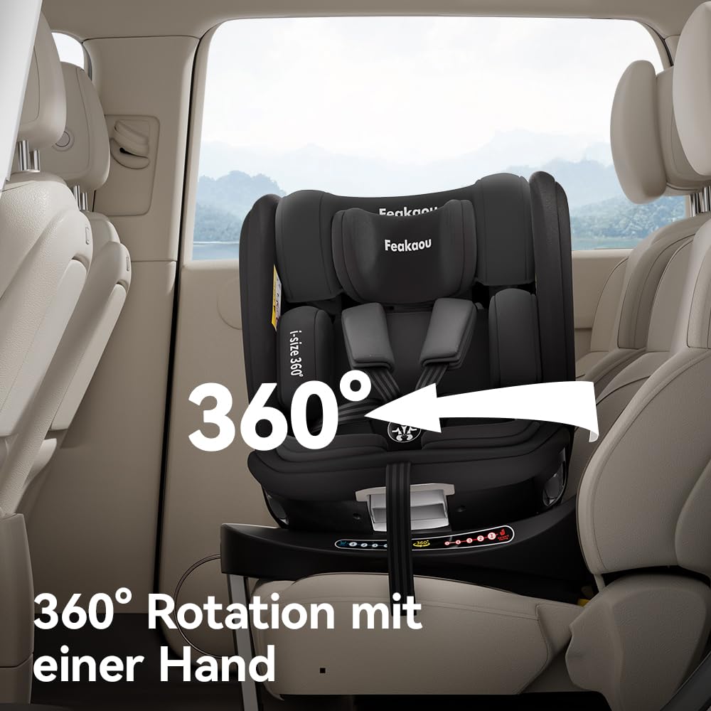 Kindersitz Reboarder 360 Drehbar mit Isofix i-Size 0–12 Jahre 40–150 cm FWF RWF Verstellbare Kopfstütze Rückenlehne Liegeposition Getränkehalter Schwarz