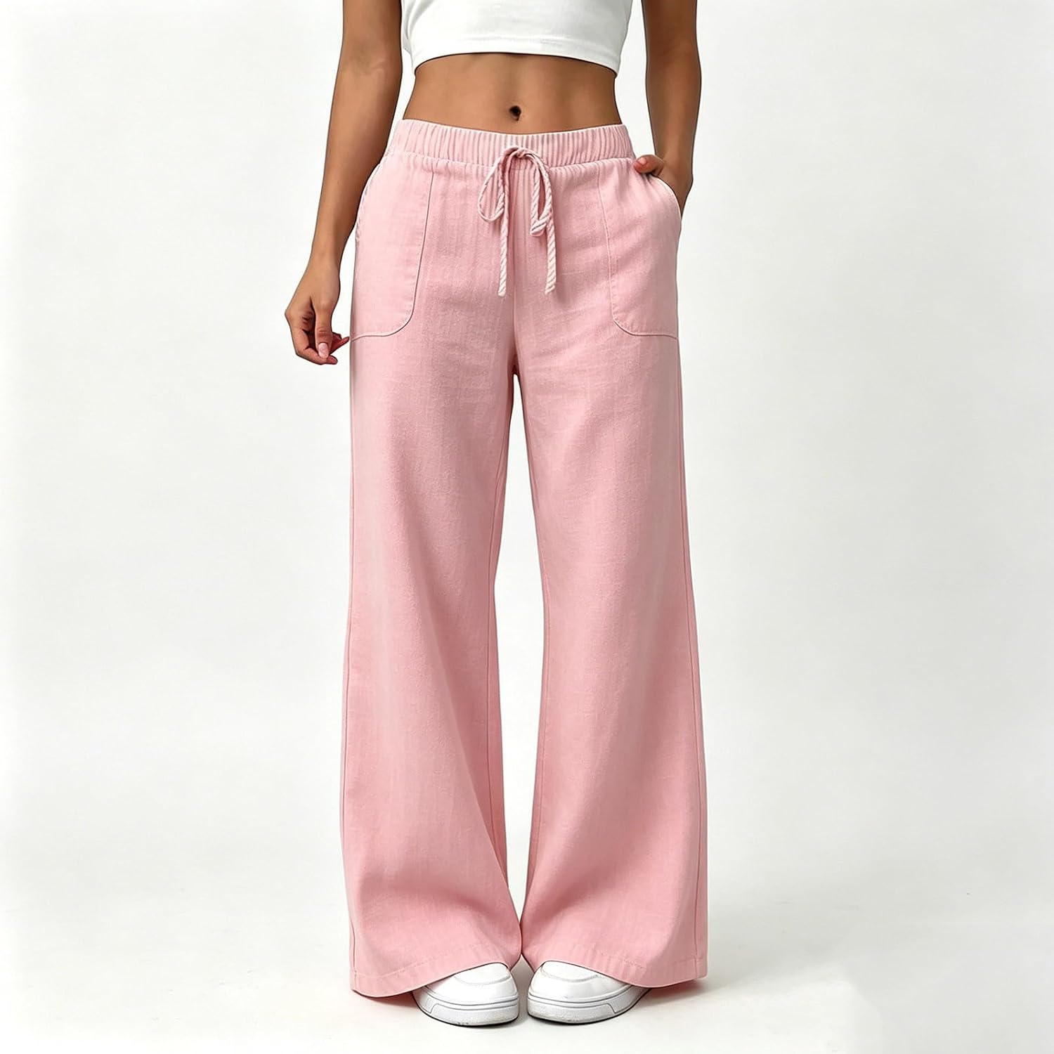 Women's Pants Summer Casual Wide Leg Elastic High Waist Drawstring Palazzo Pant Beach Vacation Trousers with Pocket
