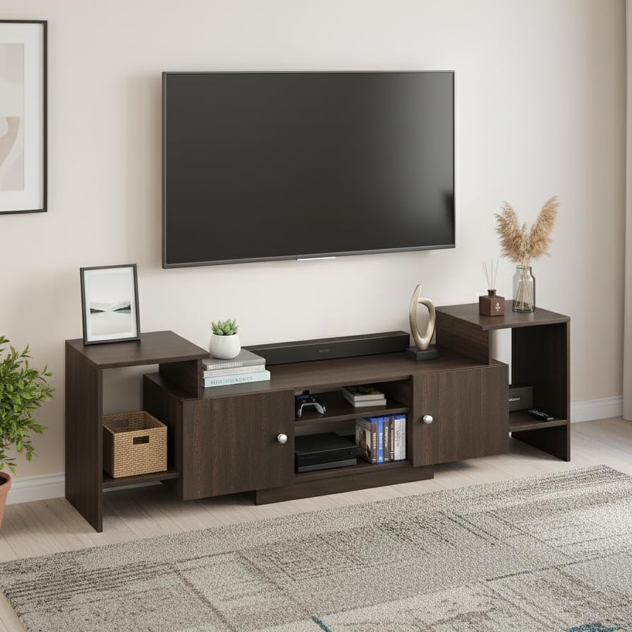 Image of FURNEASER Eptimal Engineered Wood TV Entertainment Unit for 75 Inch TV | Floor TV Stand & Cabinet with Shelves and Doors | Modern TV Unit (Wenge)