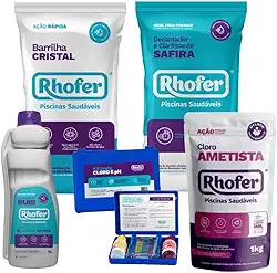 Kit Completo para Tratamento de Piscinas Rhofer – Cloro, Clarificante, Decantador, Barrilha e Teste de pH e Cloro – Ideal para Piscinas de Fibra, Vinil ou Azulejo