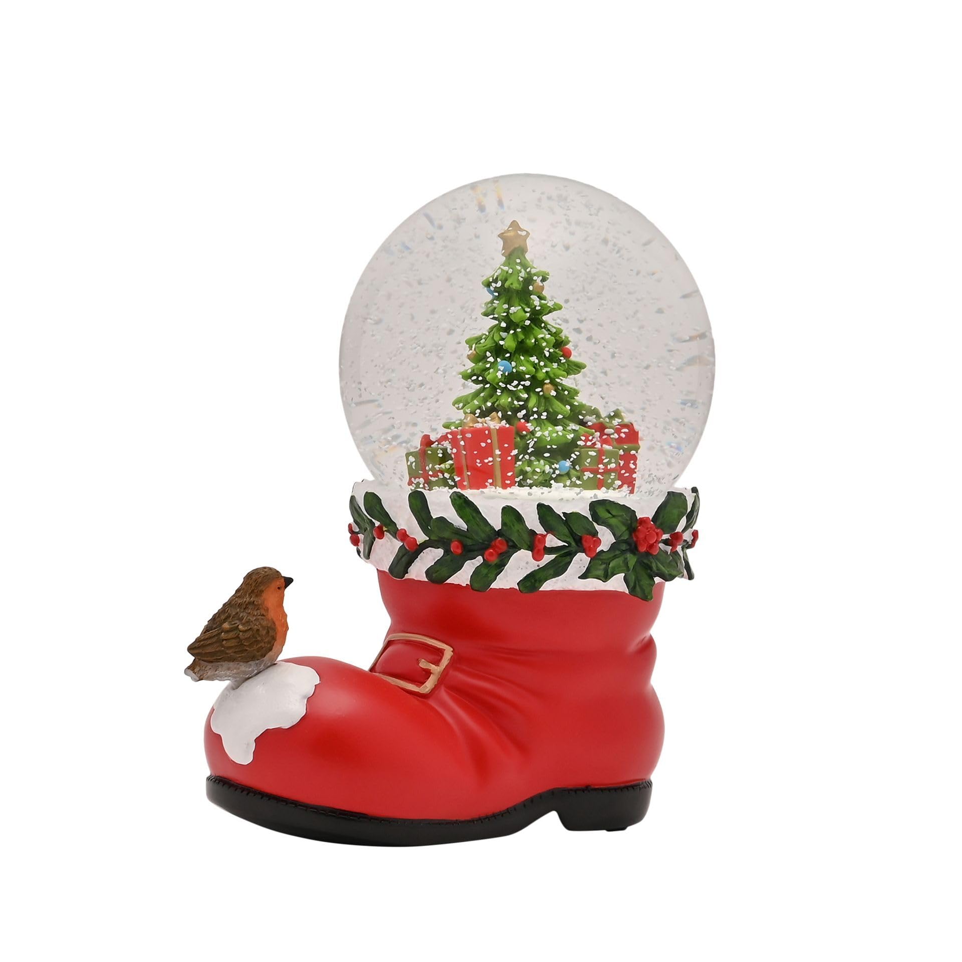 Widdop and Co. - The Seasonal Gift Co. - Santa Boot With Robin Snowglobe Festive Christmas Decoration Ornament. Red, Green & White Xmas Homeware Indoor Festive Holiday Room Decor.