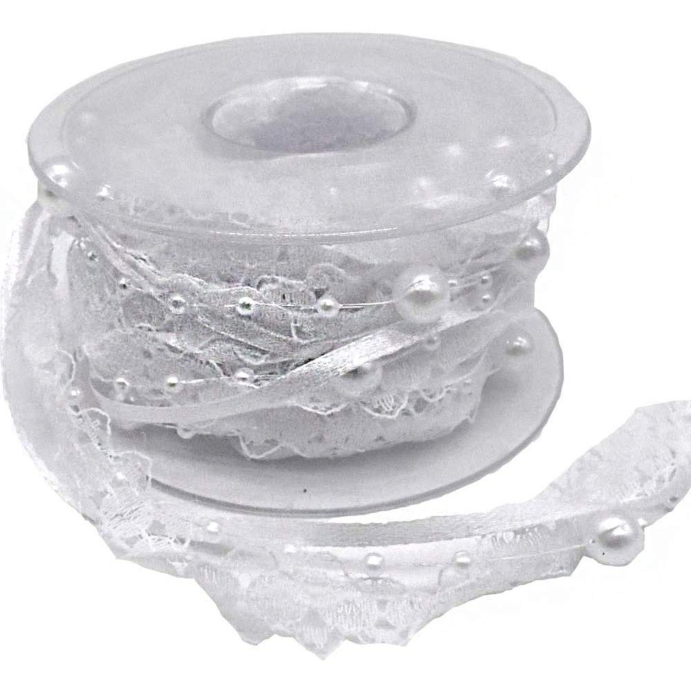 Ancllo White Lace Ribbon Beads 5.5 Yard 3 String For Crafts Garland Flowers Wedding Party Decoration Bridal Bouquet