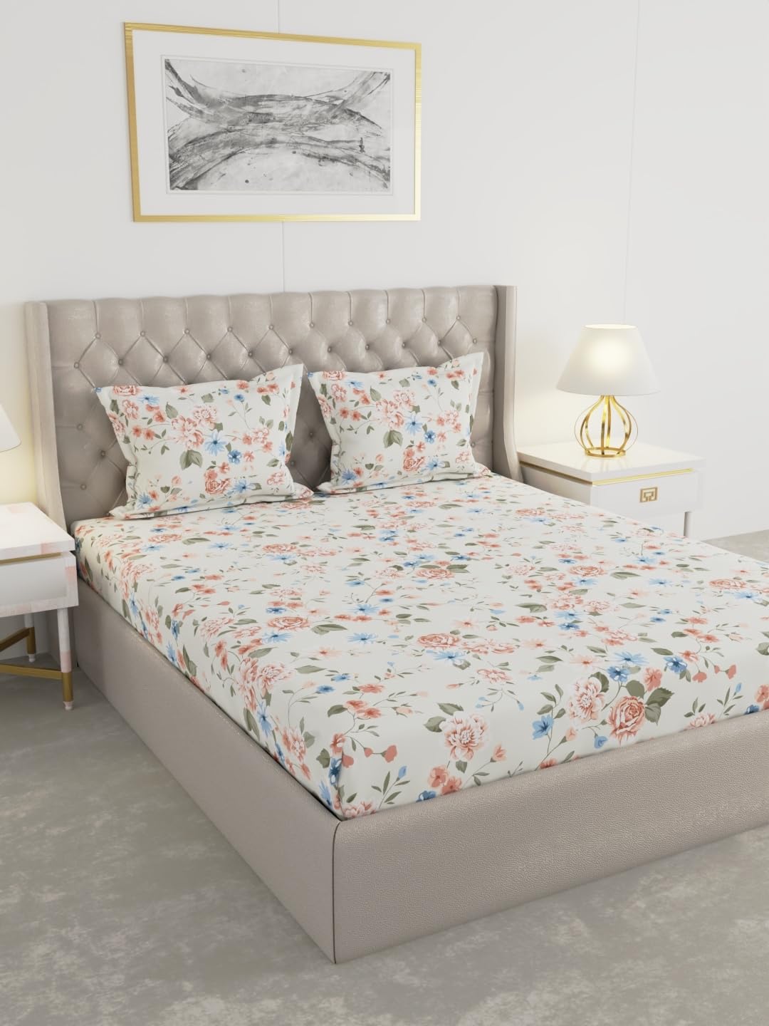 Raymond Home 100 GSM Insignia 100% Polyester Floral Double Bedsheet (2.25 Mx2.50 M) with 2 Pillow Covers(46 CM x 69 CM) - Off White & Pink-image-25