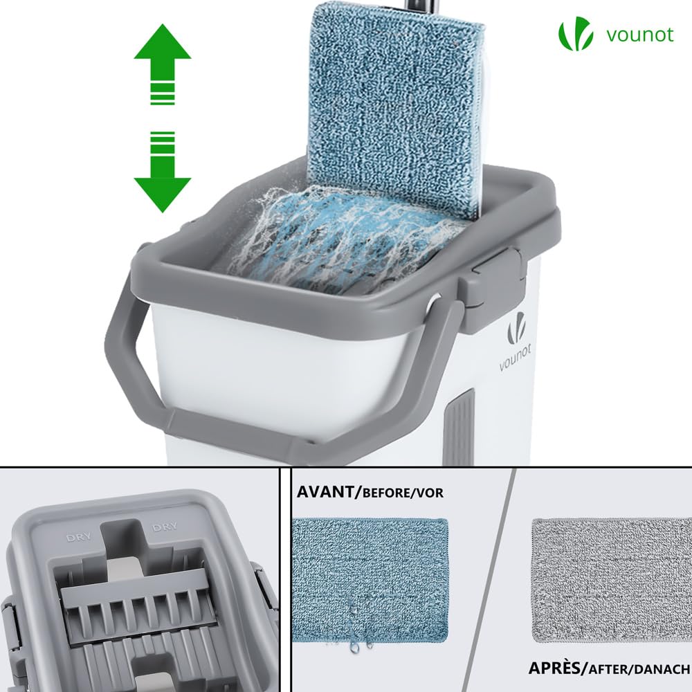 VOUNOT Bodenwischer, Wischmopp Set mit Eimer zum Auswringfunktion, Flacher Mikrofaser & Putzset mit Edelstahlgriff, 6 Wiederverwendbare Wischmop Ersatzbezüge, alle Arten von Böden Weiß