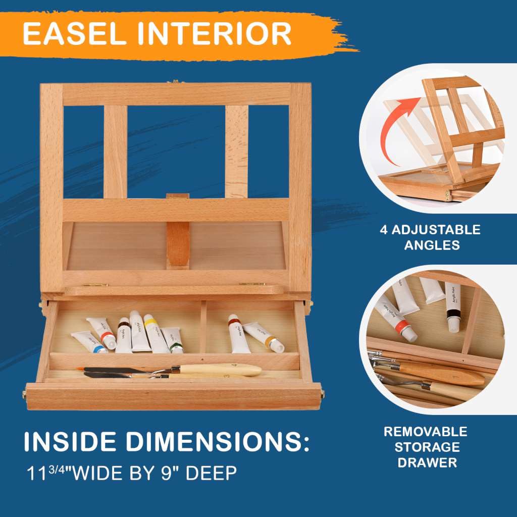 Caballete de mesa para pintar, soporte de dibujo ajustable, caja de pintura de madera de haya maciza para principiantes, estudiantes, artistas adultos, se adapta a lienzos, paneles o libros