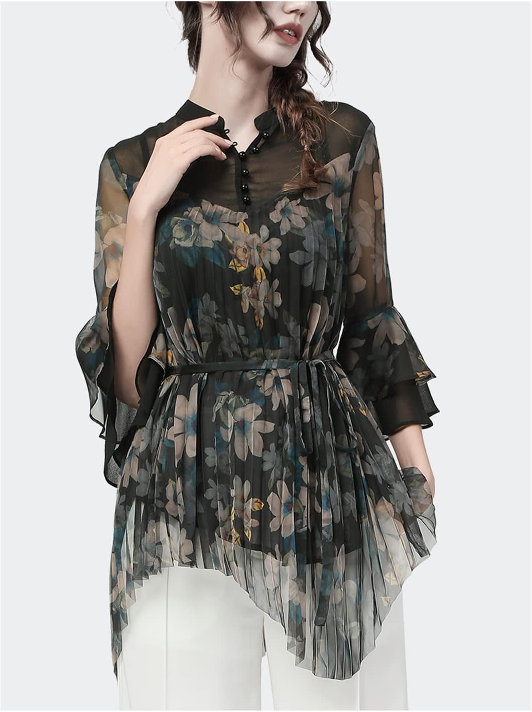 Pleated Chiffon Floral Blouse Women 3/4 Sleeve Loose Shirt Vintage Flowers Print Top