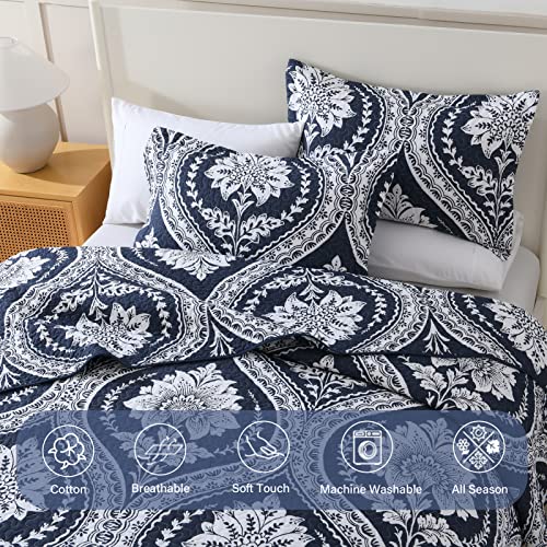 Finlonte Damask Quilt King Size, Cotton Quilt Navy White Bohemian King Quilt, Lightweight Soft King Quilted Bedspread For All Season, 3 Pieces #TOP3