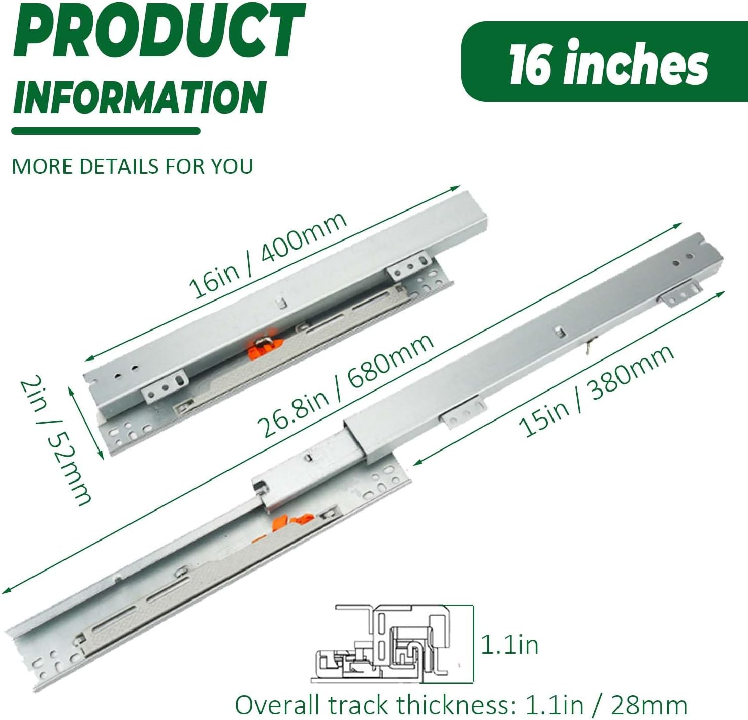1 Pair 16" Undermount Drawer Slides, Soft Close Bottom Mount Pull Out Shelf Slider Full Extension Invisible Base Mount Drawer Slies for Cabinet Tray Kitchen Pantry Drawer