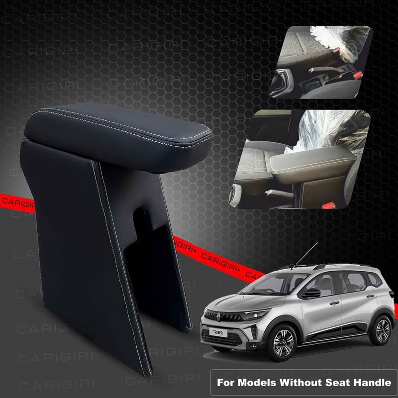 Image of Carigiri Premium Finish Car Armrest with Storage Box And High Density Moulded Foam For Renault Triber (All Models,Nappa Leatherette)(Models- 2025) (Without One-Touch Lock, White Seam)