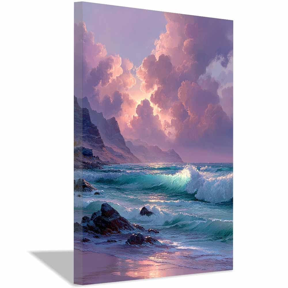 HOQIU Vintage wall art Pastel Coastal Sunset decorative painting, wall art, for Living Room Bathroom Bedroom Kitchen Decoration.(Multicolor)-60x80cm Framed