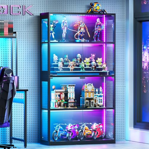 AODK Glass Display Cabinet with Glass Doors, 4-Tier Display Case with RGB Lights, Glass Cabinet Shelf for Collectibles and Storage, Black Curio Cabinet for Gaming Room