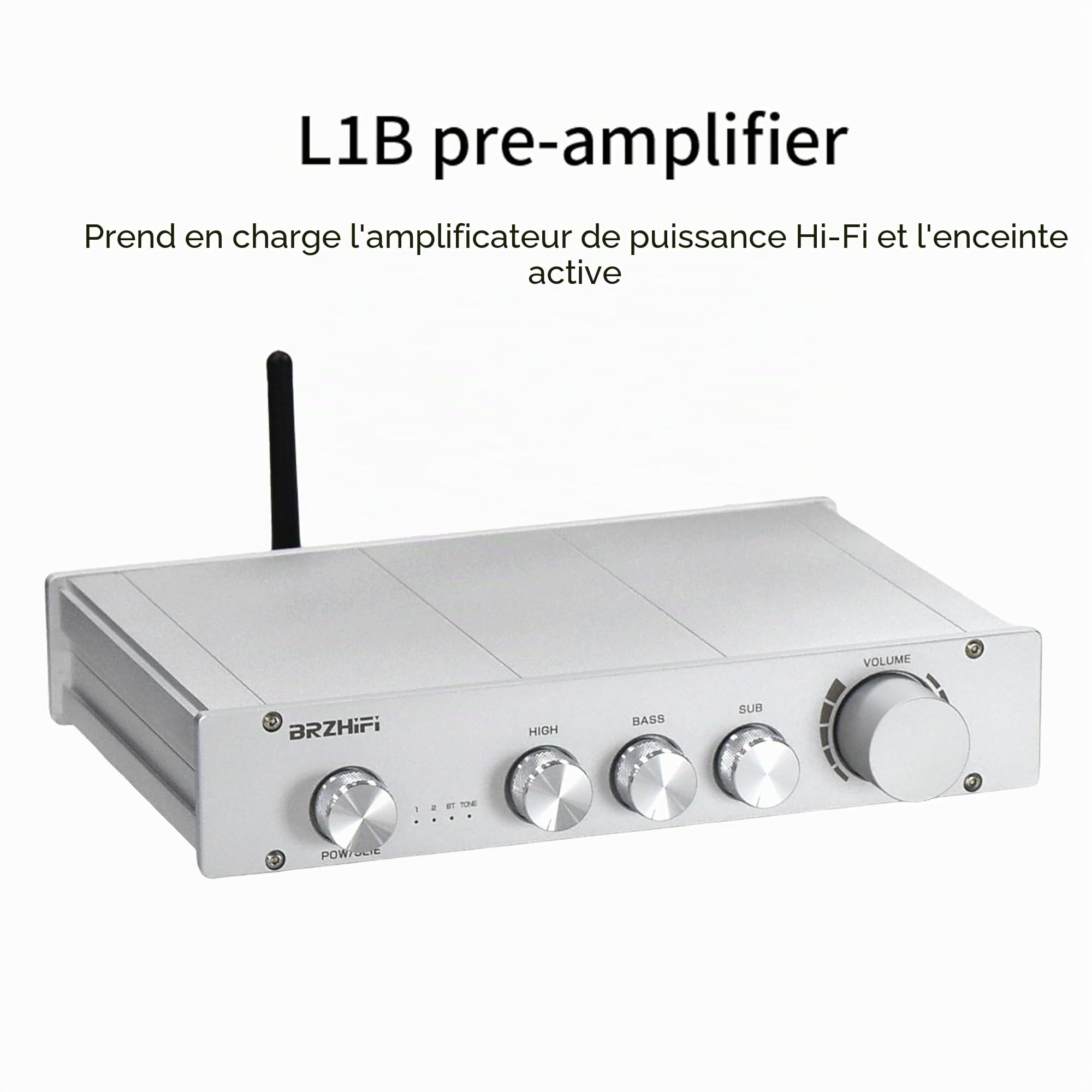 L1B Préamplificateur Pure Classe A HiFi Audio Domestique 2.1 canaux Contrôle indépendant des Hautes et Basses fréquences Bluetooth 5.0 Décodage indépendant PCM5102 Préamp（Argent）