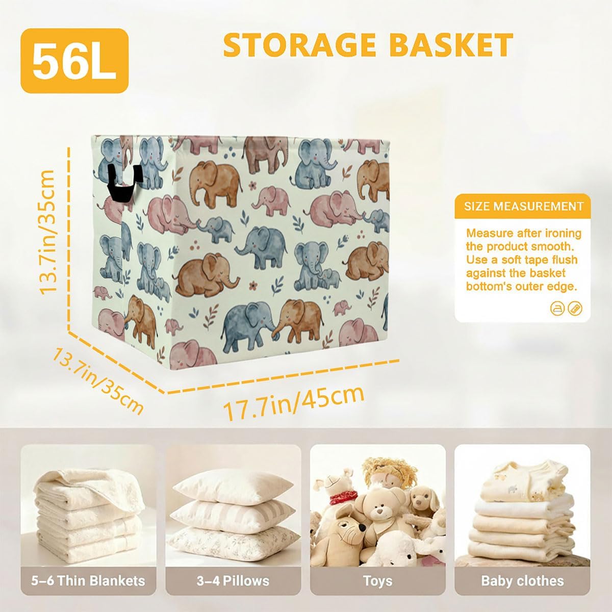 Watercolor Elephant Laundry Hamper, 56L Large Foldable Laundry Basket with Handles, for Family Clothes, Toy Storage Bin, Blankets,Decorative Organizer for Shelves & Closet Home Decor Bedroom & Nursery image 4