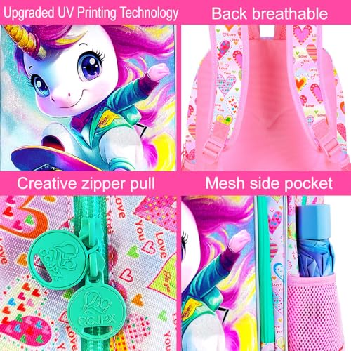 Image of HPJGD 3PCS Unicorn Preschool Backpack Set, Girls Skateboard Bookbag Set for Girls with Lunch Box, Cute Water Resistant Elementary School Bag for Toddler - Pink Unicorn on Skateboard