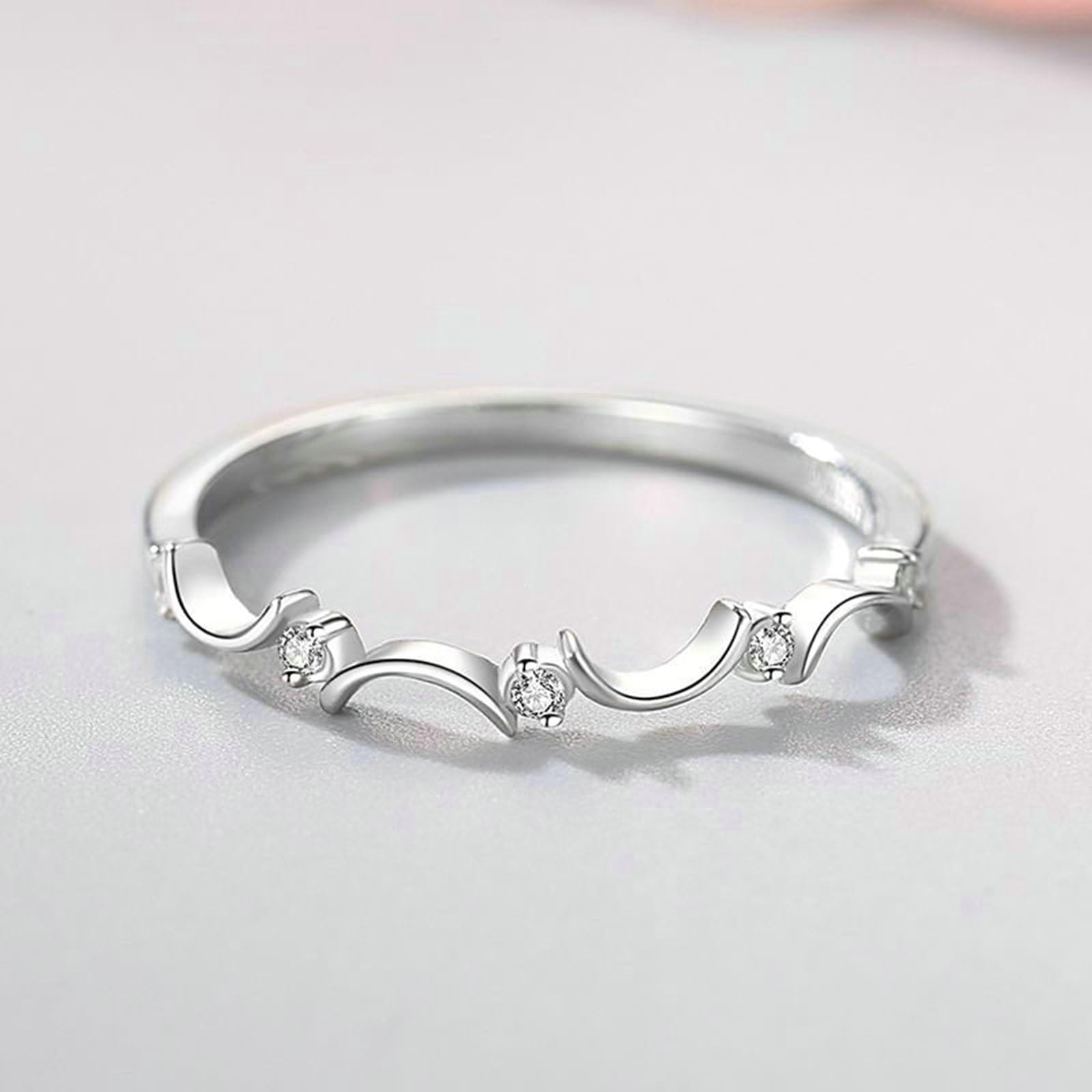 Bague Femme Or Blanc 9/14/18 carats, Anneau Empilable Lune Orné de Diamant, Bague Fine Or Véritable