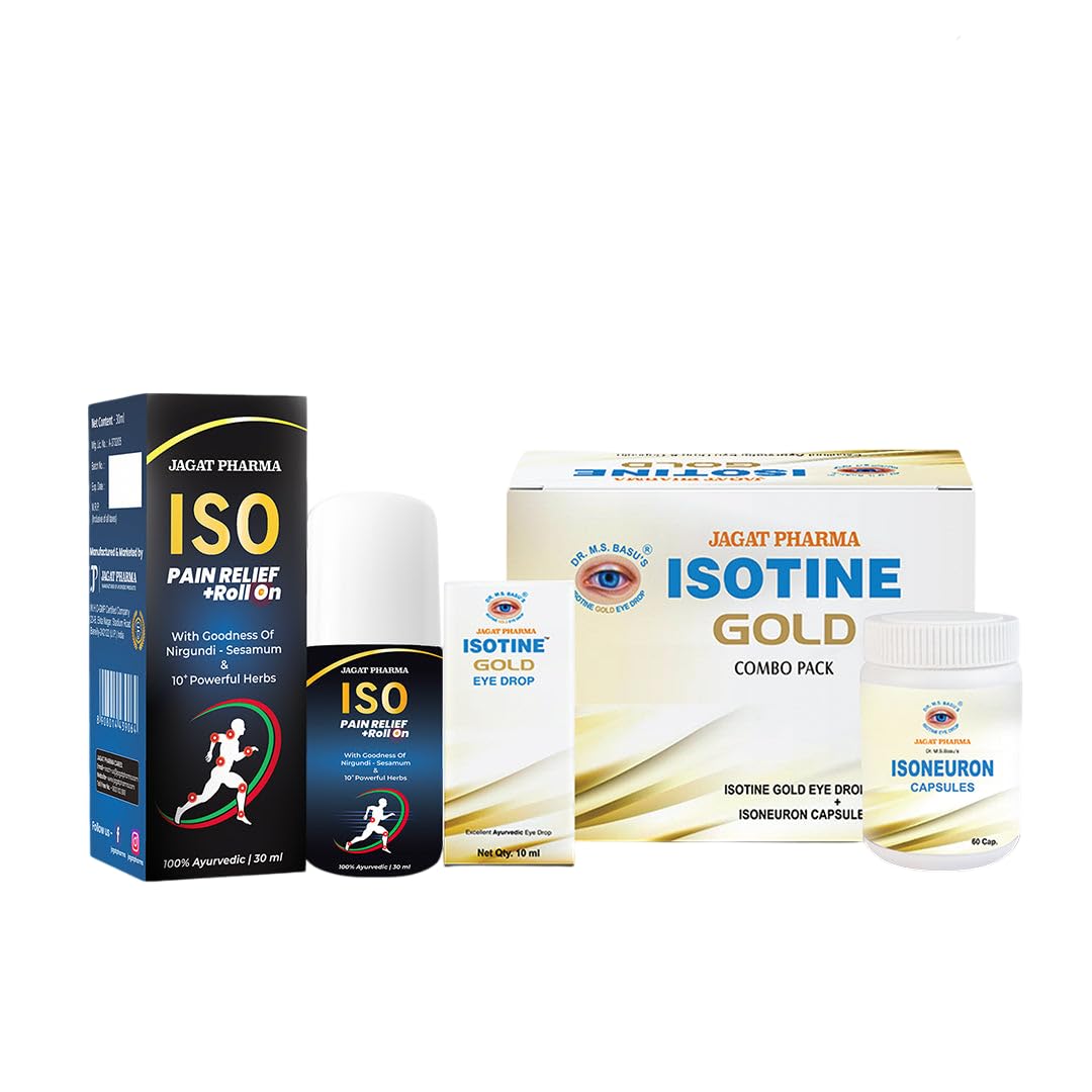 Jagat Pharma Isotine Gold Pack (4 Eye Drops and 60 Capsules) + ISO Pain Relief Roll-On: Eye & Pain Care Combo
