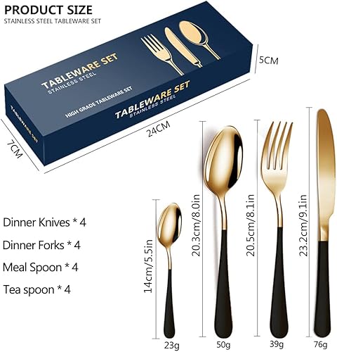 Miniatura 3 de XIAOYU Juego de cubiertos de acero inoxidable de 16 piezas para 4, cuchara dorada brillante y mango mate, juego de cubiertos para el hogar, cocina,