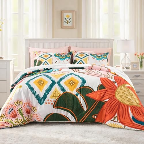 Boho Floral King Comforter Set - 3 Piece Farmhouse Botanical Bedding Comforter Sets for All Season Soft Lightweight Mid Century Modern Bed Set, (1 Rev