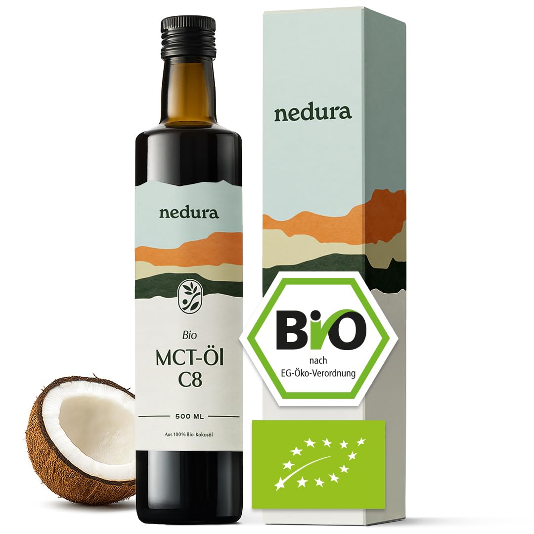 nedura® BIO MCT-Öl C8 - aus 100% BIO-Kokosöl - exogene Ketone - In eigener Deutscher Manufaktur abgefüllt - Hochwertig, rein, vegan und geschmacksneutral mit 60% C8 Anteil - 500ml Glasflasche